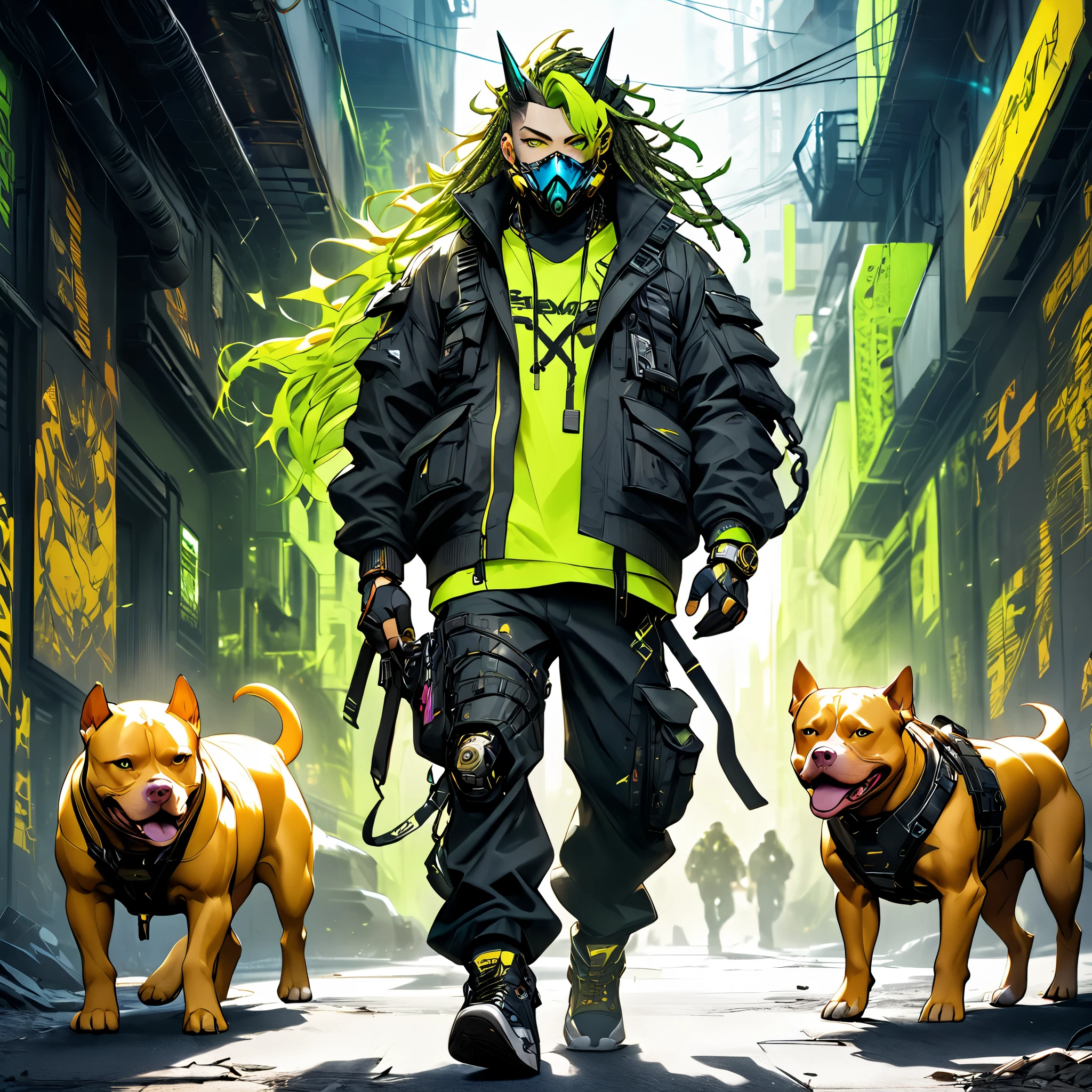 cyborg, 1_man_cyberpunk_2077, barghest, neon yellow and black techwear, cyberpunk backdrop, neongreen dreadlocks, golden skullmask over his mouth, neongreen eyes, tattoos on lower arms, walking pitbulls
