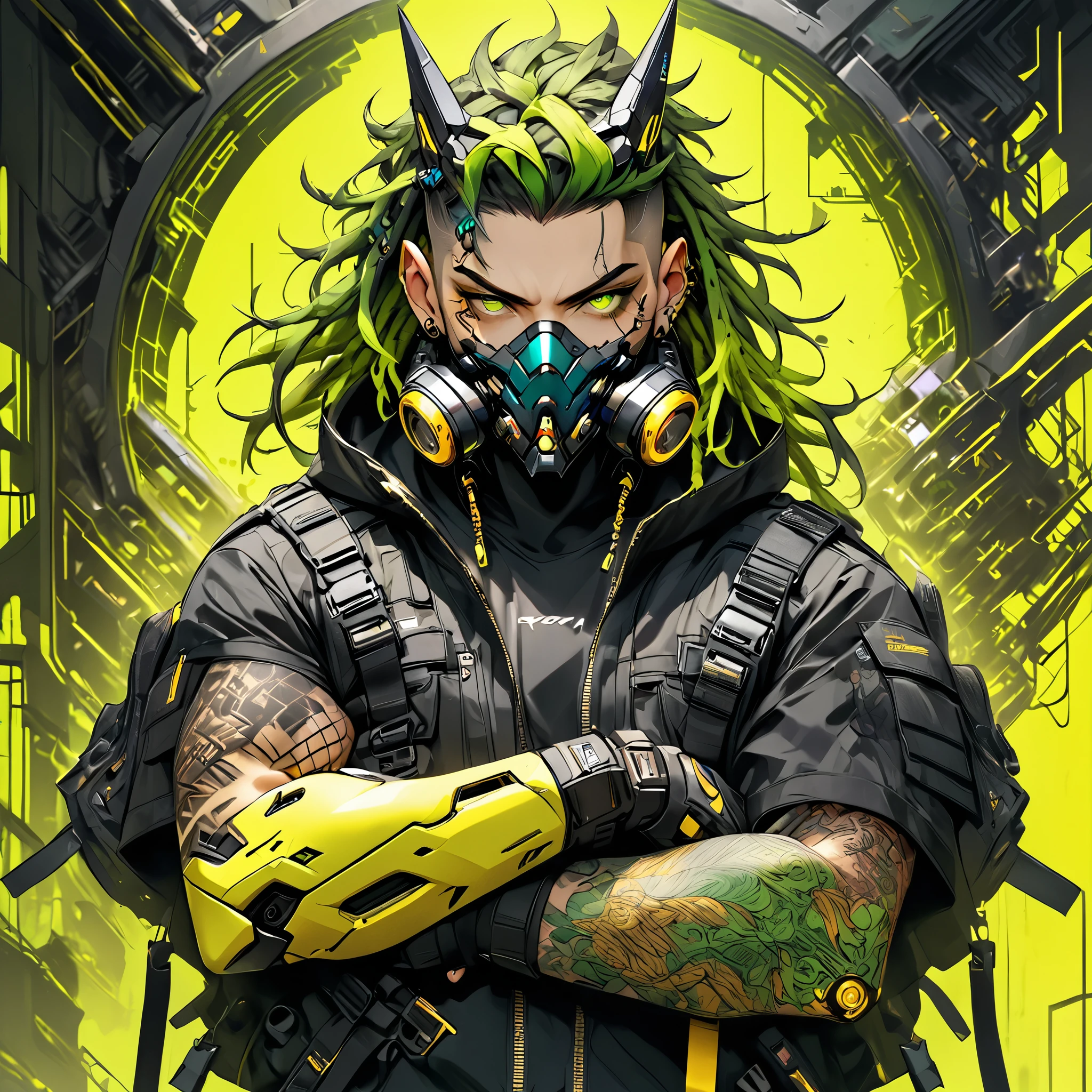 cyborg, 1_man_cyberpunk_2077, barghest, neon yellow and black techwear, cyberpunk backdrop, neongreen dreadlocks, golden skullmask over his mouth, neongreen eyes, tattoos on lower arms, bulky
