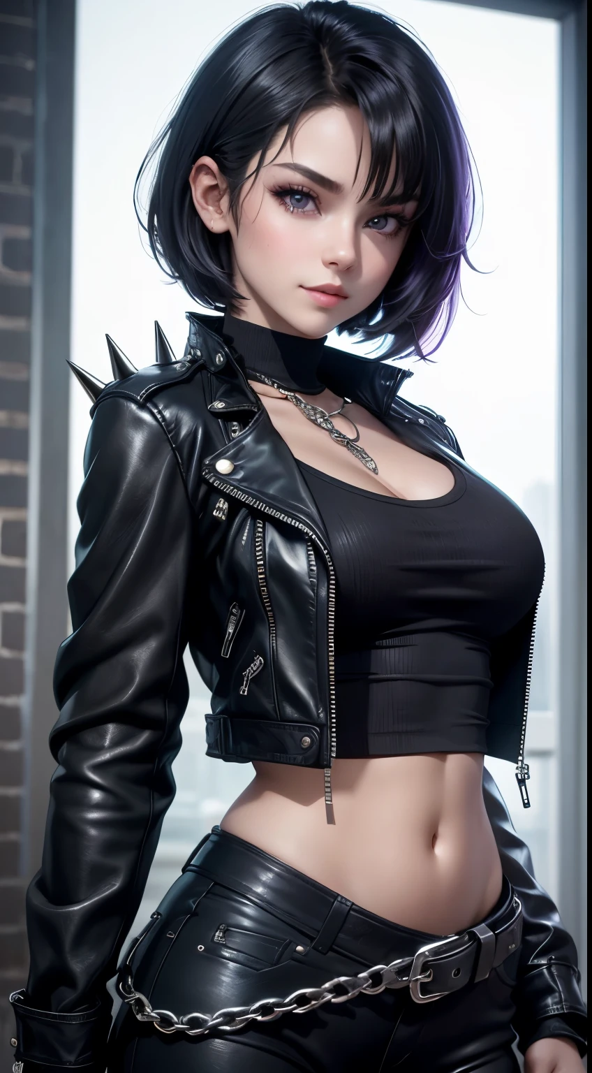 young girl, short black hair, violet eyes, smirk, Black leather jacket with spikes, open belly, breeches, Chains on clothes, , , hiquality, 4k, HD, Good detail