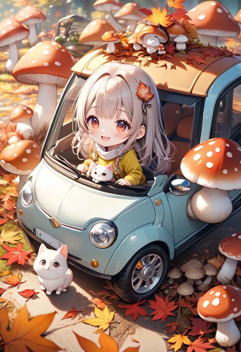 (masterpiece, ultra-detailed, best quality, clear focus, dramatic scene, cinematic), shadow, (ultra-high resolution, 8k), perfect anatomy, perfect face, (detailed face, detailed eye), cute Japanese chibi girl, (chibi:1.2), famous Japanese idol, very beautiful and cute and cool face, (wearing a cute outdoor wear:1.3), (large breasts), slim waist, happy smile, she looks so fun, (She is in front of the cute car that made from mushrooms in the autumn leaves:1.3), some large mushrooms are on the ground, detailed cat is walking around her