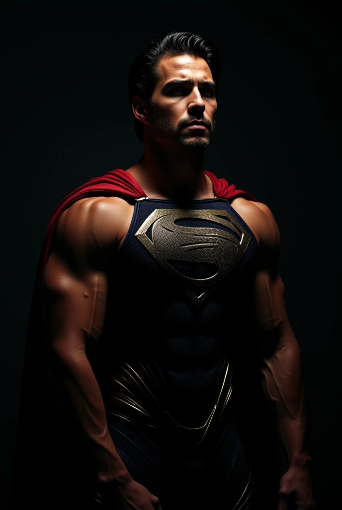 Nicholas Alexander Chavez handsome muscular, tanned skin, chiseled jaw, strong physique, dressed as Superman, small beard, a dark silhouette of a superhero, looking straight ahead, (best quality,4k,8k,highres,masterpiece:1.2),ultra-detailed,(realistic,photorealistic,photo-realistic:1.37),dramatic lighting,cinematic,chiaroscuro,moody,powerful,heroic,imposing,muscular figure,dark background