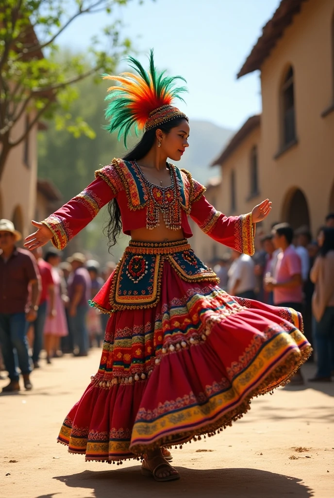 Beautiful girl with semi-long black hair dancing Guatemalan dance