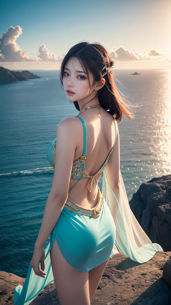 (masterpiece), (best quality), photorealism, realistic, ultra detailed, perfect face, perfect body, 1girl, beautiful girl, Greek goddess, Greek clothes,peplos, stand, sexy, view from back
