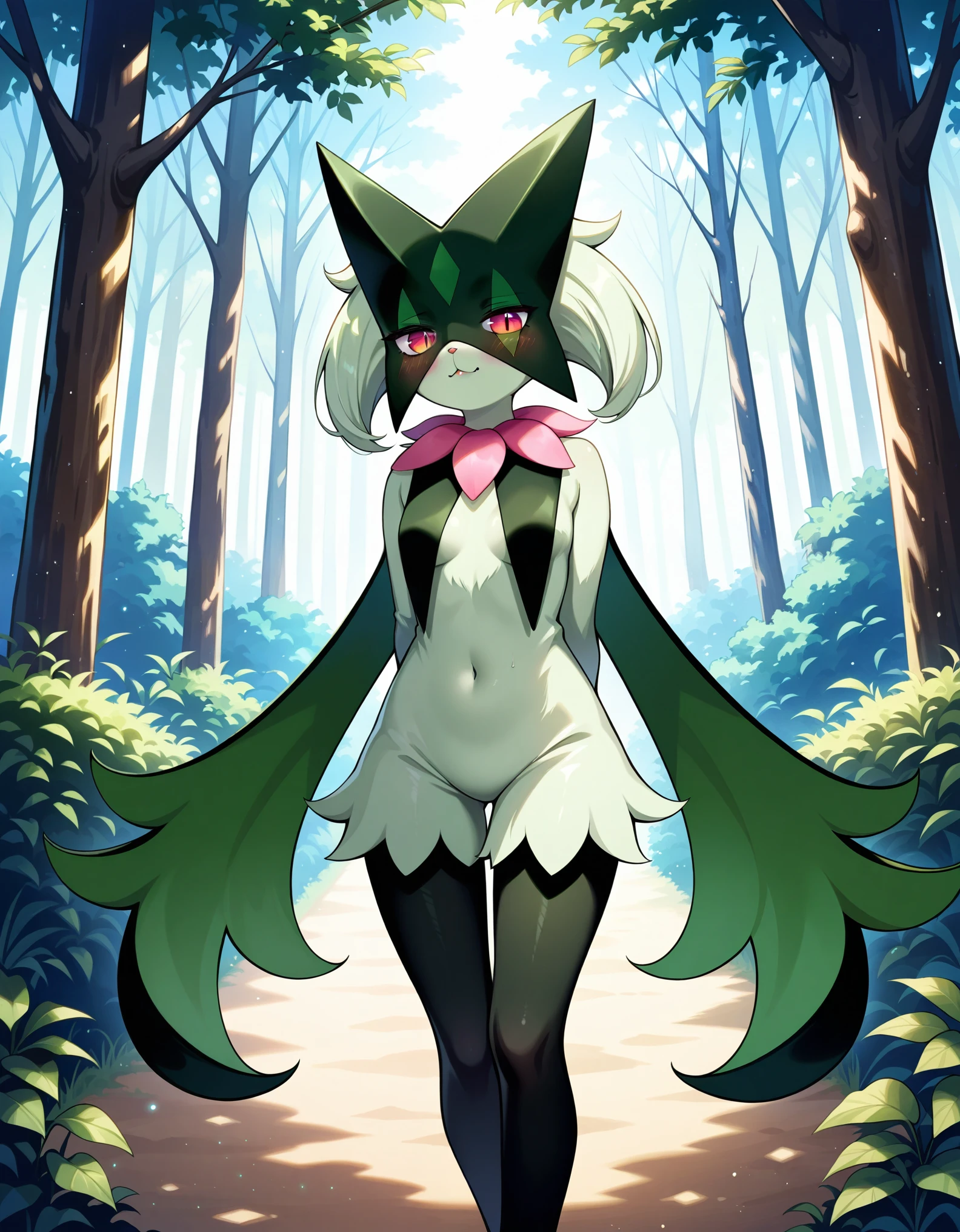 score_9,score_8_up,score_7_up,source_anime, realistic, photoreal, anthro, an anthro meowscarada standing in a moonlit forest at night with bioluminescent flowers, solo, female, posing seductively, arms behind back, hyperdetailed eyes, hyperdetailed fur, meowscarada, slit pupils, blush, Meowscarada