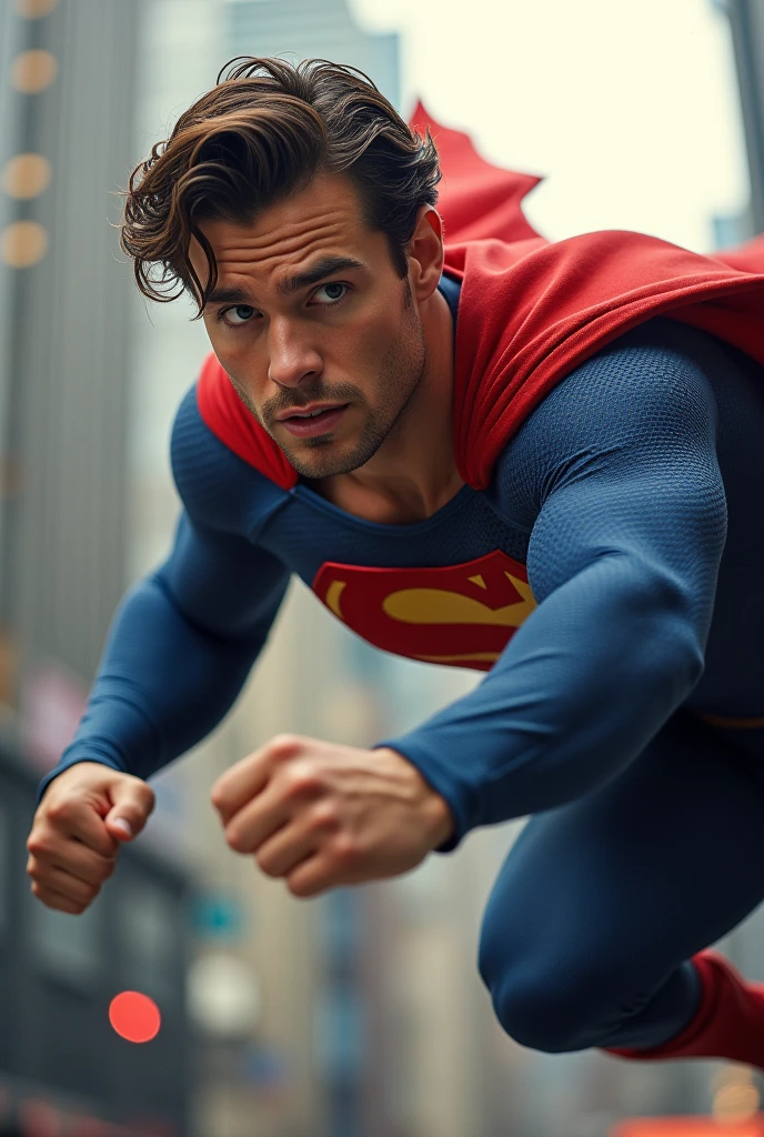 a muscular Nicholas Alexander Chavez with chiseled features, brown hair, and piercing blue eyes, wearing a red and blue superhero costume with a cape, flying through the air, fist clenched, mid-battle with another superhero with blonde hair, blue and white costume, intense expression, cityscape background, dramatic lighting, cinematic scene, (best quality,4k,8k,highres,masterpiece:1.2),ultra-detailed,(realistic,photorealistic,photo-realistic:1.37),dynamic action pose,superhero fight,cinematic lighting,dramatic shadows,vivid colors,epic battle