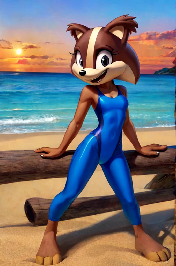 Badger is a full-length cartoon girl slim skinny in a blue tight lycra swimsuit on the beach with a happy face, big feet