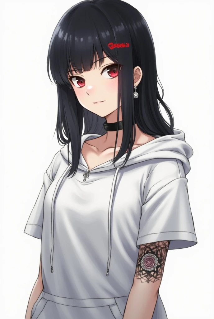 ((best quality)), ((highly detailed)), masterpiece, ((official art)), (detailed eyes, deep eyes), (1girl), <lora:SugoiDekai_Shirt:1>, outfit-UT,T-shirt, <lora:roryMercury2Outfits_v11:1>, long hair, black hair, blunt bangs, red eyes, (red lips), small breasts, smile, (rnd1), (metal collar, chain leash)