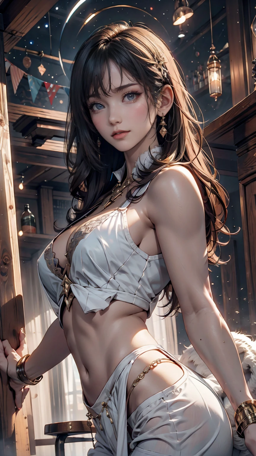 very young slim fit girl, (rounded face:1.2), very long disheveled dark brown hair, (big brown eyes:1.2), shy, perfect flat breast, band on head with fake cat ears, blue thight microskirt, belt, eyelashes, topless, accurate snub nose, (very long strand of hair between eyes:1.3), hands on glass, breast press on glass, breasts on glass, pale nipples, very small accurate areola, mariarya