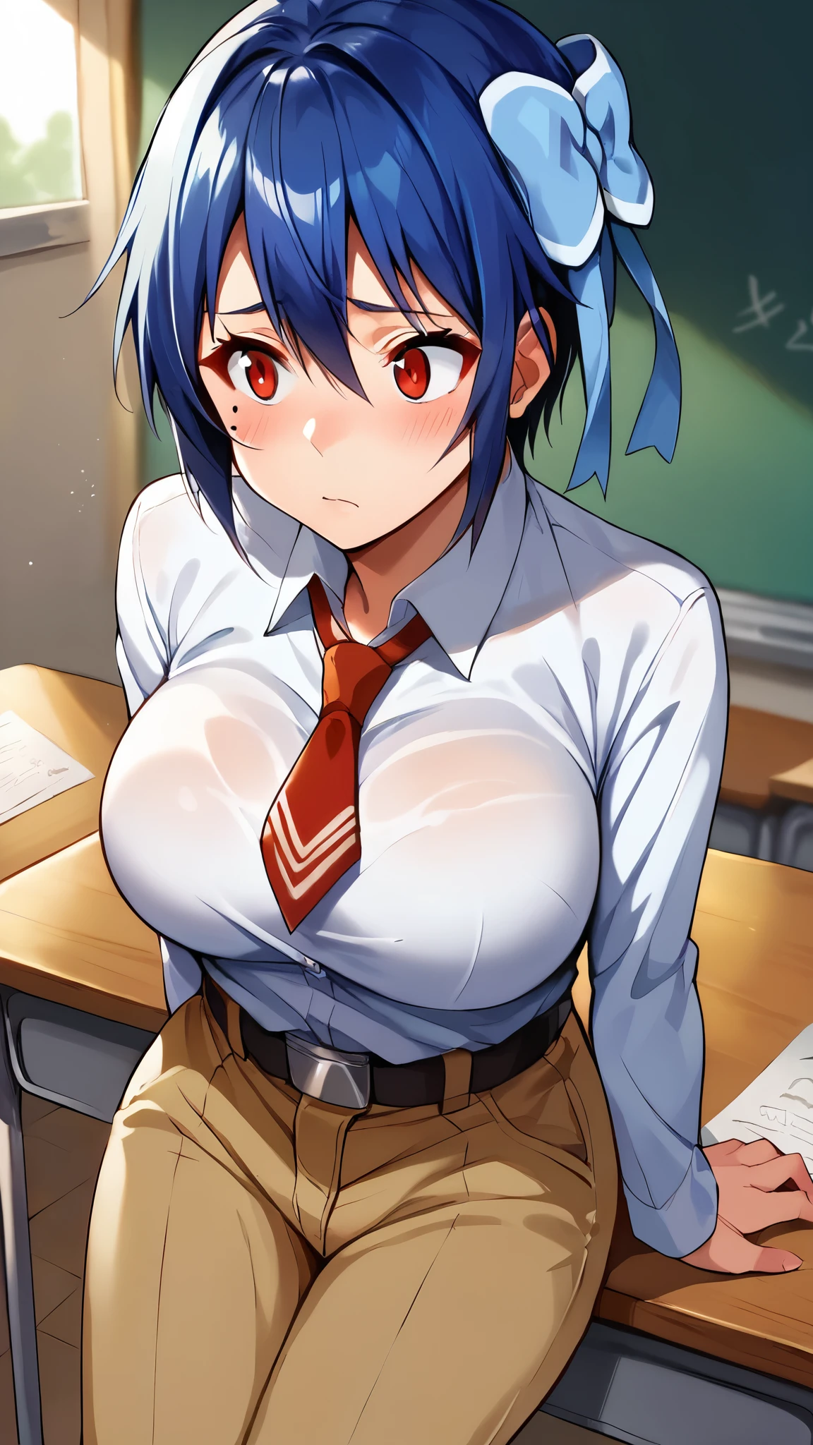  score_9,  score_8_ amazing,  score_7_ amazing,  score_6_ amazing, sauce_anime, 1 person,  solo break tsugumi seishirou ,  under eye mole,  blue hair ,  short hair,  hair bow,  blue jacket ,  white shirt,  collared shirt,  red tie , belt, Brown pants, large breasts, ((( chest emphasis ))), blush,  shy , In the classroom, evening