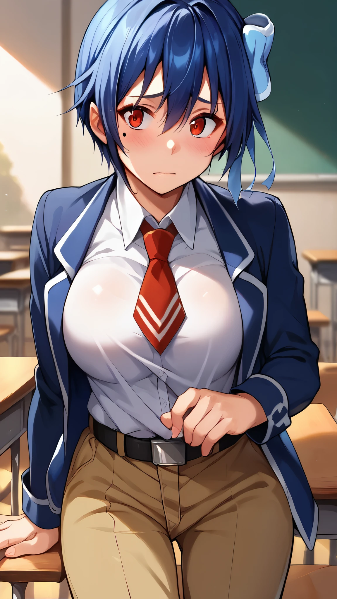  score_9,  score_8_ amazing,  score_7_ amazing,  score_6_ amazing, sauce_anime, 1 person,  solo break tsugumi seishirou ,  under eye mole,  blue hair ,  short hair,  hair bow,  blue jacket ,  white shirt,  collared shirt,  red tie , belt, Brown pants, large breasts, ((( chest emphasis ))), blush,  shy , In the classroom, evening