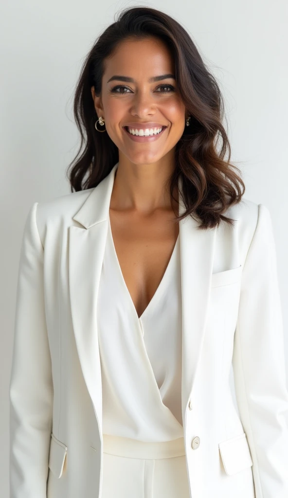 woman of average height, athletic body, skin fair, medium dark brown curly hair tied up, smiling and wearing a light gray suit