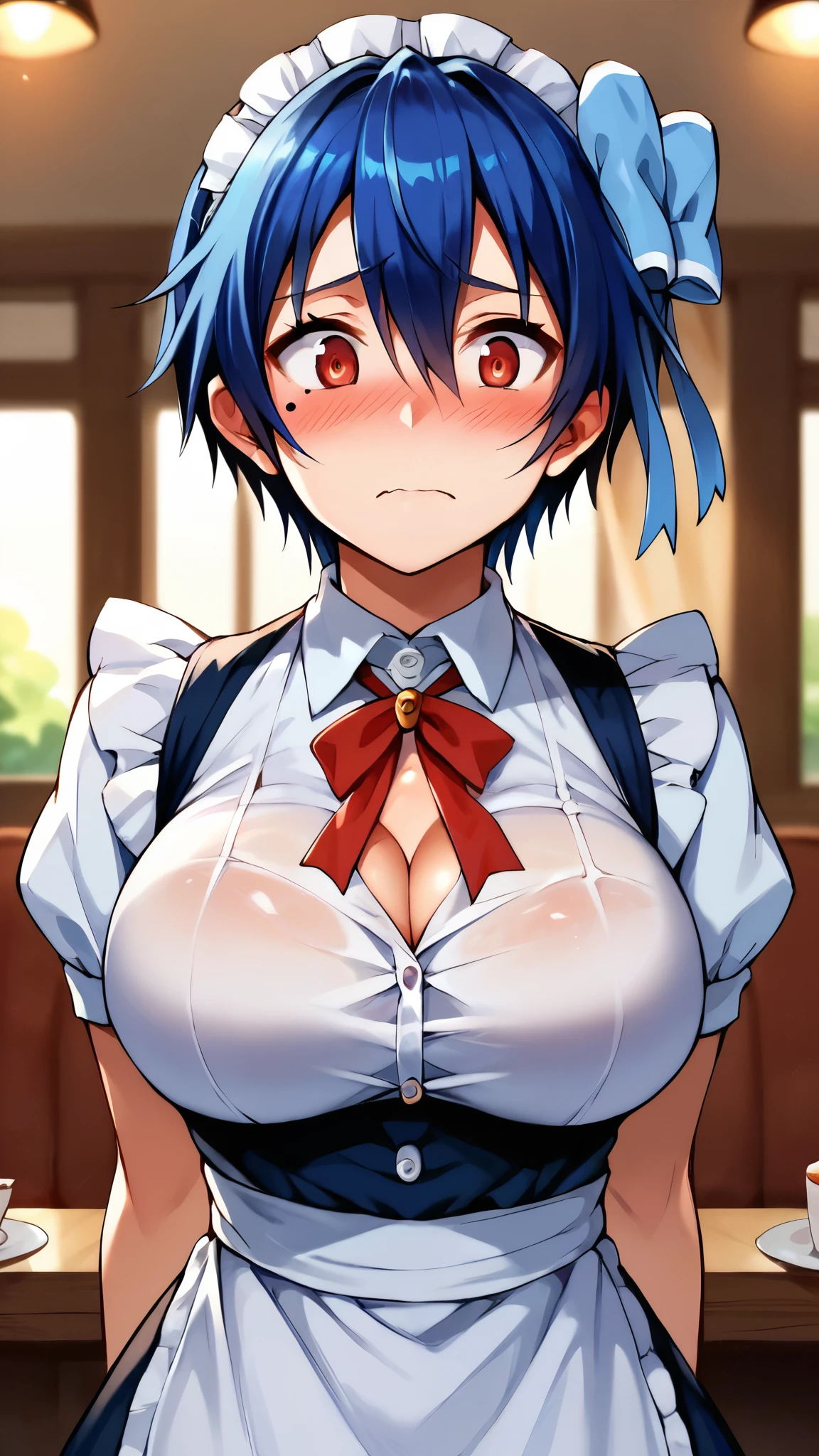  score_9,  score_8_ amazing,  score_7_ amazing,  score_6_ amazing, sauce_anime, 1 person,  solo break tsugumi seishirou ,  under eye mole,  blue hair ,  short hair,  hair bow,  maid clothes, large breasts, ((( chest emphasis ))), blush,  shy ,Cafe