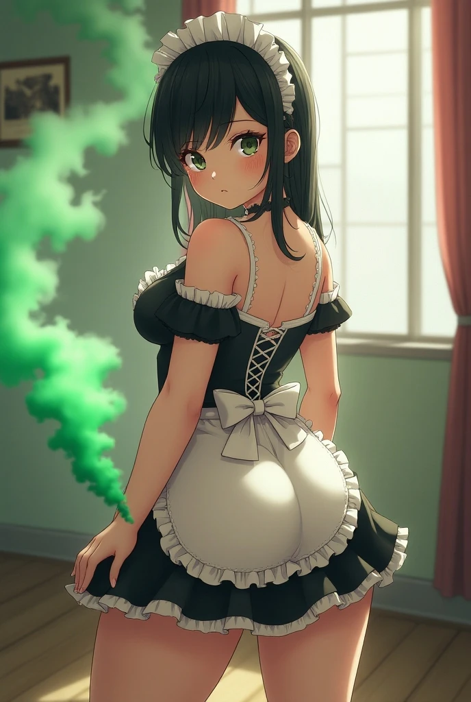 (girl),(anime),(young),(beautiful),(16 years old),(height 1.68cm),(white skin color),(green eyes and long green hair),(wearing), +,(a classic black and white maid uniform),((with a big ass),(and gigantic breasts)