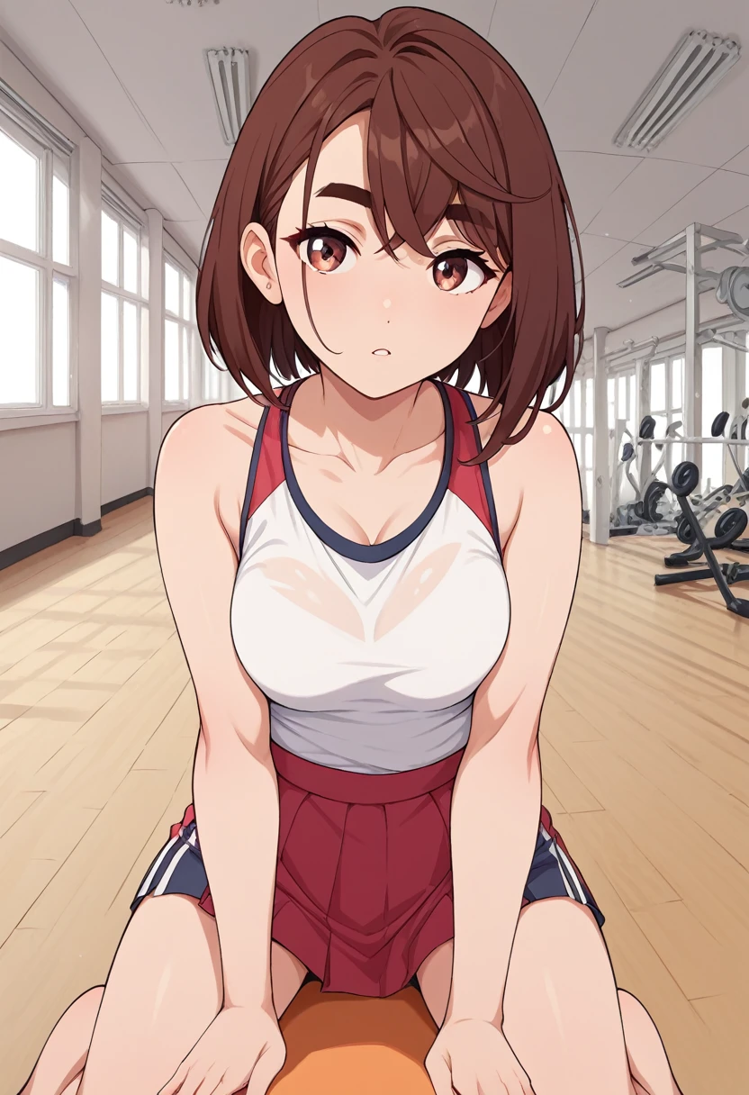  NSFW catalyst type ,  short hair, Brown Hair,  Brown Eyes , bangs,  thick eyebrows,  medium breasts,  facing the viewer , Gymの背景, Gymの概念,  sports skirt ,  she's doing sports, Gym