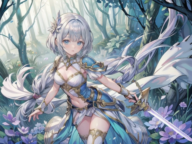 ( fantasy art),(masterpiece),(Anime Style), High Quality ,(perfect anatomy),(Perfect means),(( one girl )),((Alone)),( small breasts),Slender body,  silver short hair ,((Hand with a glowing sword )),Beautiful and delicate blue eyes , Beautifully detailed white armor,White loincloth, Dynamic Poses, Advanced Fantasy, Magical Colors and Atmospheres ,Silky to the touch, Movie Lighting,In the forest