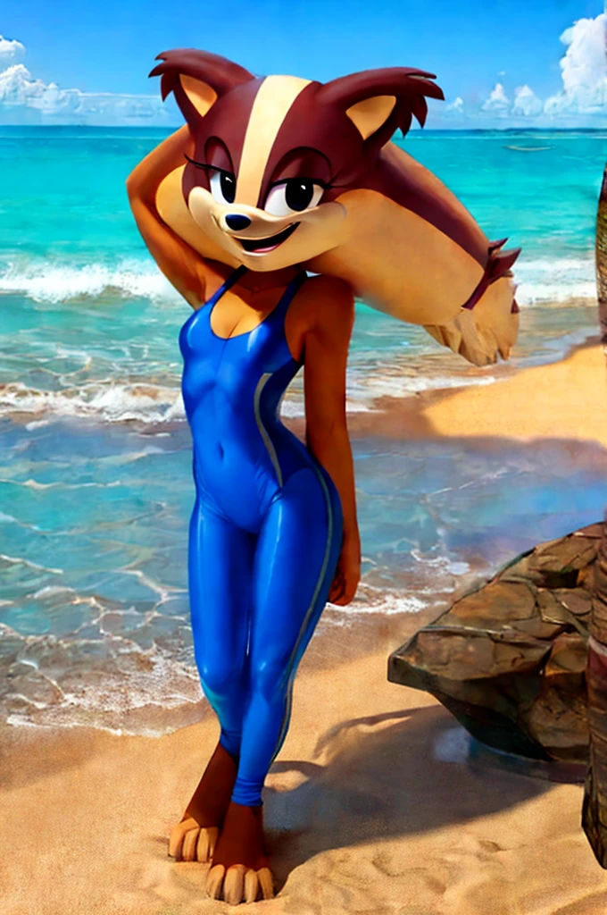 Badger is a full-length cartoon girl slim skinny in a blue tight lycra swimsuit on the beach with a happy face, big feet