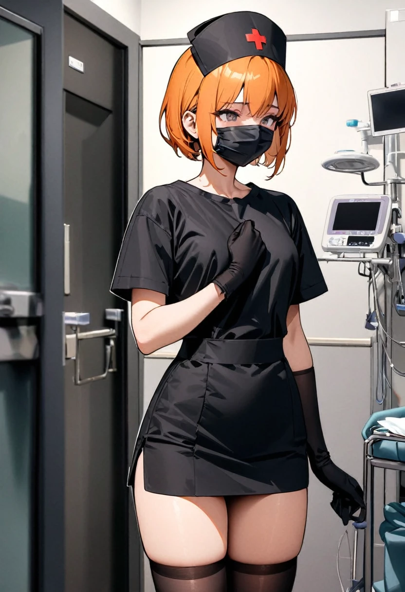 black nurse, 1girl, solo, black nurse cap, black wear, ((black legwear, zettai ryouiki)), black elbow gloves, very short hair, orange hair, ((black surgical mask, covered nose)), standing, ((surgery room)), sharp outline, short sleeves, tomboy, boyish, best quality, masterpiece