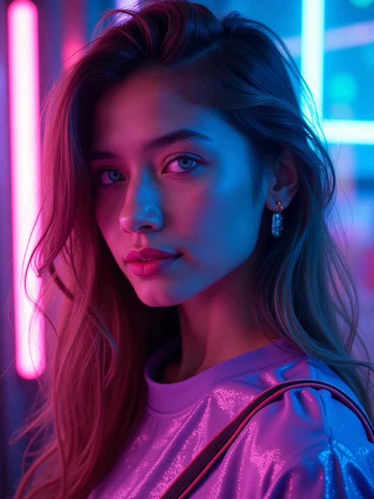 A girl is weraing a pink and white jacket named as 'Dilmi'. She is in a neon blackground. She has a medium size ponytail. She is pretty.