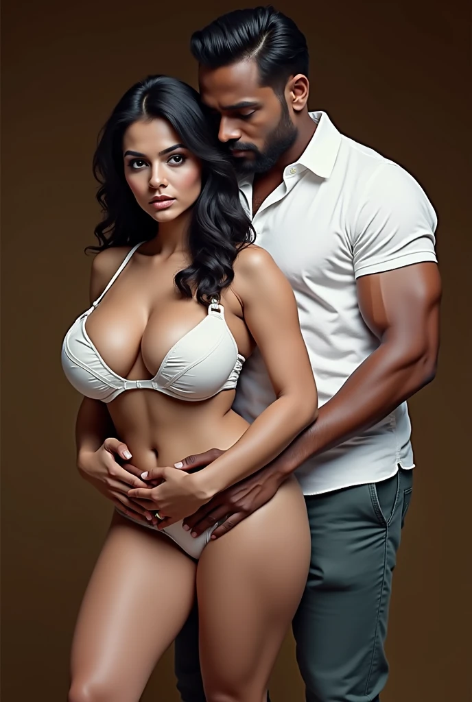 a woman is giving a indian man a massage on a bed, very perfect position, angelawhite, mouthwatering, busty, breath taking beautiful, powerful and huge, seductively looking in front, touching her clothes, smooth white surroundings, beautiful angle, beautiful girlfriend, neatly coming out of her head, voluptuous and arousing, full pov
