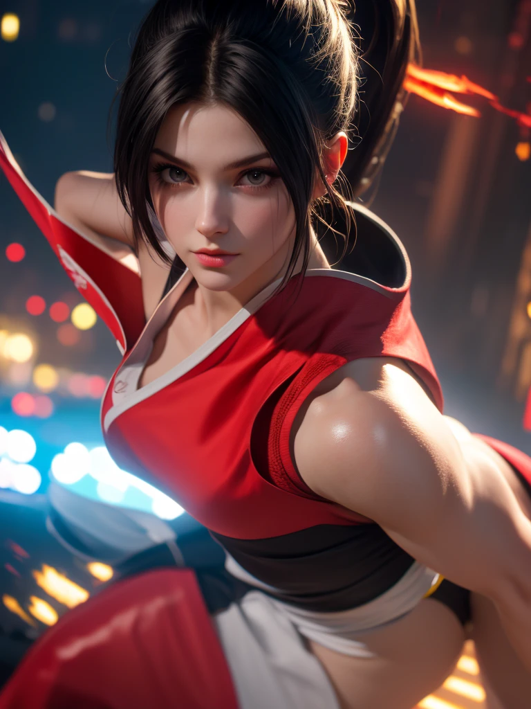 30 year old woman, alone, alone, athletic, sensual, has a fan in her hand, red Chinese ninja clothes, sensual gaze looking at the viewer, in the background is a city, cinematic, ultra-sharp focus, award-winning photography, perfect contrast, high sharpness, depth of field, ultra detailed photography, global illumination, fluid, ultra high definition, 8k, Unreal Engine 5, ultra sharp focus, award winning photography, art season trends
