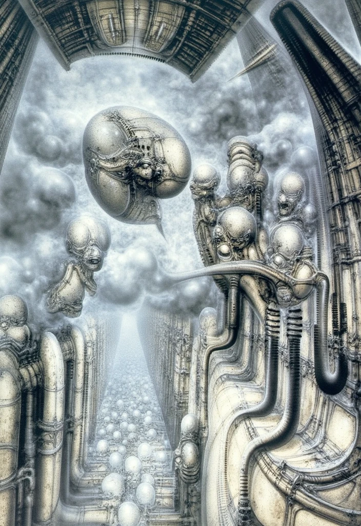 H. R. Giger's g1g3r, , Giger_style, The image is a detailed view of H.R. Giger's \" Li ii \" plate, featuring ( Circus on exile left abandoned clowns behind. Tableau is a surrealistic representation of a mechanical city with intricate designs and patterns. It features a large mechanical head with multiple smaller clown heads attached to it, all connected by tubes and gears. Mastered by H R GIGER , best quality: 1.4), H R GIGER's biomechanical is a digital artwork featuring a mechanical structure with tubes and wires, which is situated in a dark room with a glowing light source, dence cloudy mist, strokes of steam. (A haunting and surreal image inspired by the work of H.R. Giger. The artwork depicts a biomechanical corridor, with intricate tubes and pipes snaking along the walls. A strange, organic form, reminiscent of the Alien creature, lurks in the shadows, adding to the sense of unease and mystery. The overall atmosphere is one of darkness, decay, and the unsettling nature of the unknown, best quality:1.4) The artistic manner would be unmistakably Gigeresque. A dark and unsettling beauty would permeate the piece, blurring the lines between fascination and repulsion , forever haunted by the grotesque allure. Giger's signature artistic manner would be evident in every stroke. The artist has used careful linework to depict the contours and textures in the piece, (Triadic:1.1), (Proportion:1.1), , (Reflected light:1.2), Parchment, ultra detailed, intricate,, dry b (best quality:1.4), H.R. GIGER, BY GIGER (Isometric positioning:1.4) , (Triadic:1.1), (Proportion:1.1), , (Reflected light:1.2), Parchment, , ultra detailed, intricate,, dry b (best quality:1.4), H.R. GIGER, BY GIGER