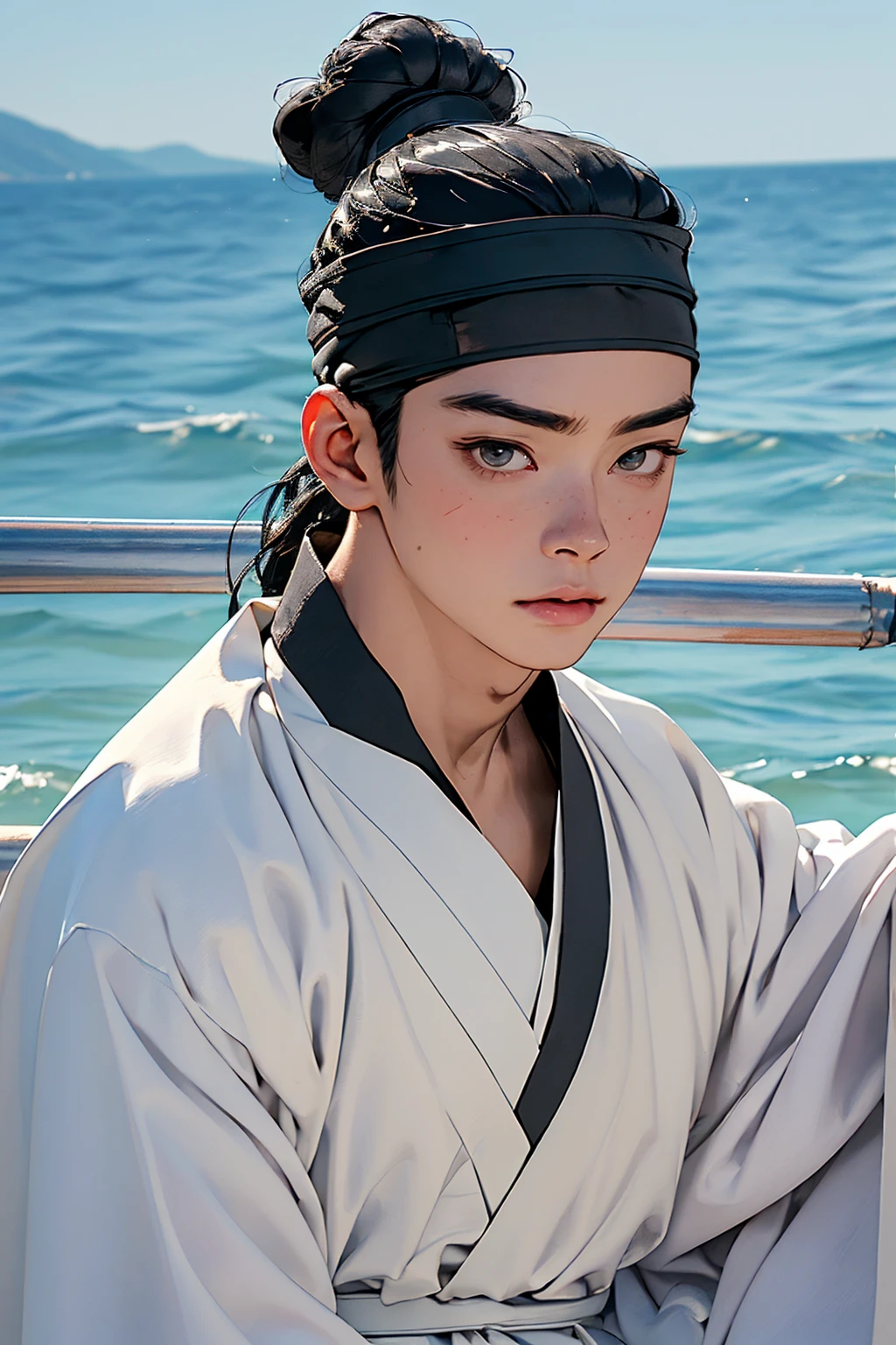 (absurdres, highres, masterpiece, best quality, ultra-realistic,ultra-detailed,(beautiful detailed face and eyes and hair:1.1),handsome,asian man,muscular,black hair,black eyes,datailed face,topknot,see-through headband,white hanbok,little sad,upper body, sea background