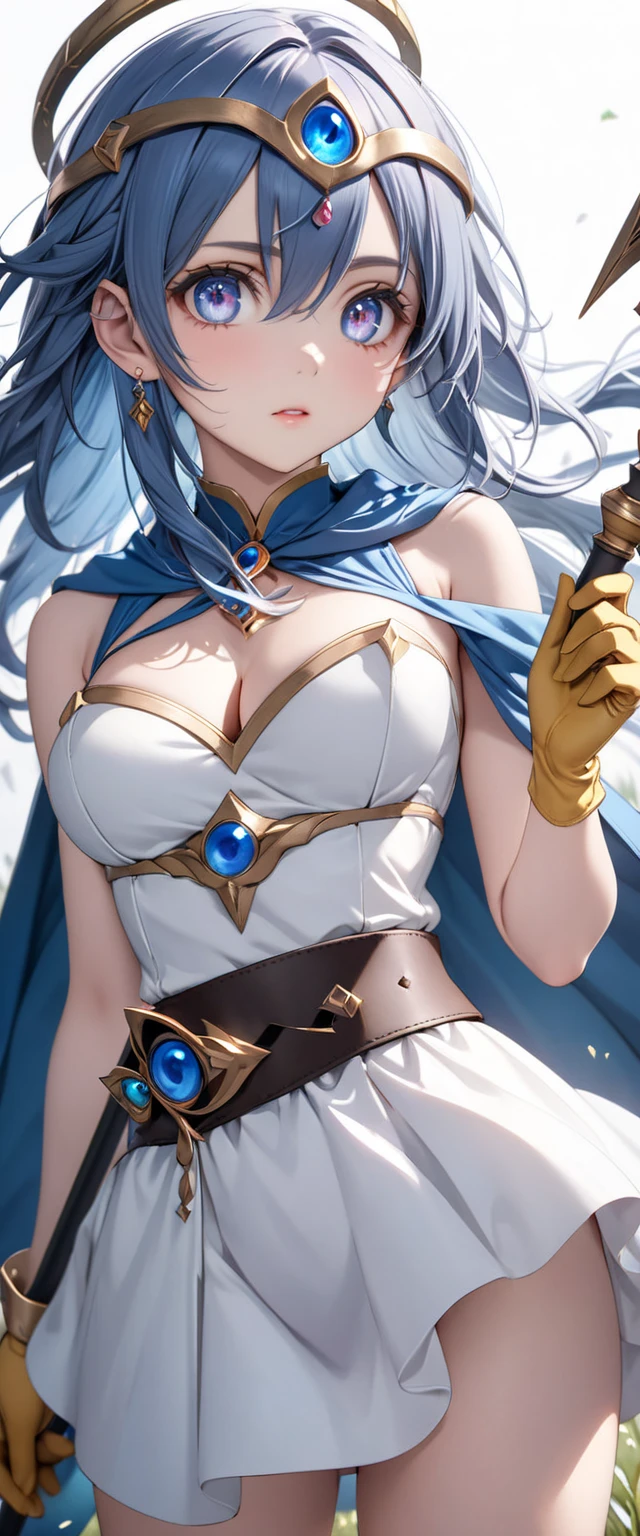 (perfect anatomy),  mastepiece、 Ultra High Quality 、 8k、masterpiece、Best Quality、 ultra high resolution、Maximum resolution、Very detailed、 professional lighting、anime、woman、thin、 so beautiful、(((Highly detailed eyes)))、(((Very beautiful eyes)))、 very detailed face 、shape、Sage_(dq3)、成人woman1名、(holding staff, staff:1.3)、Alone、Long Hair、 blue hair 、 circlet、Red eye chest、Yellow gloves、 white dress、belt、Cape、 boots、 pink earrings with deep thro、 cleavage、 Exposes Your Shoulders 、whole body、Grass、Wind lift、 simple background、 white background、 beautiful face、Draw in detail, Summoning thunder