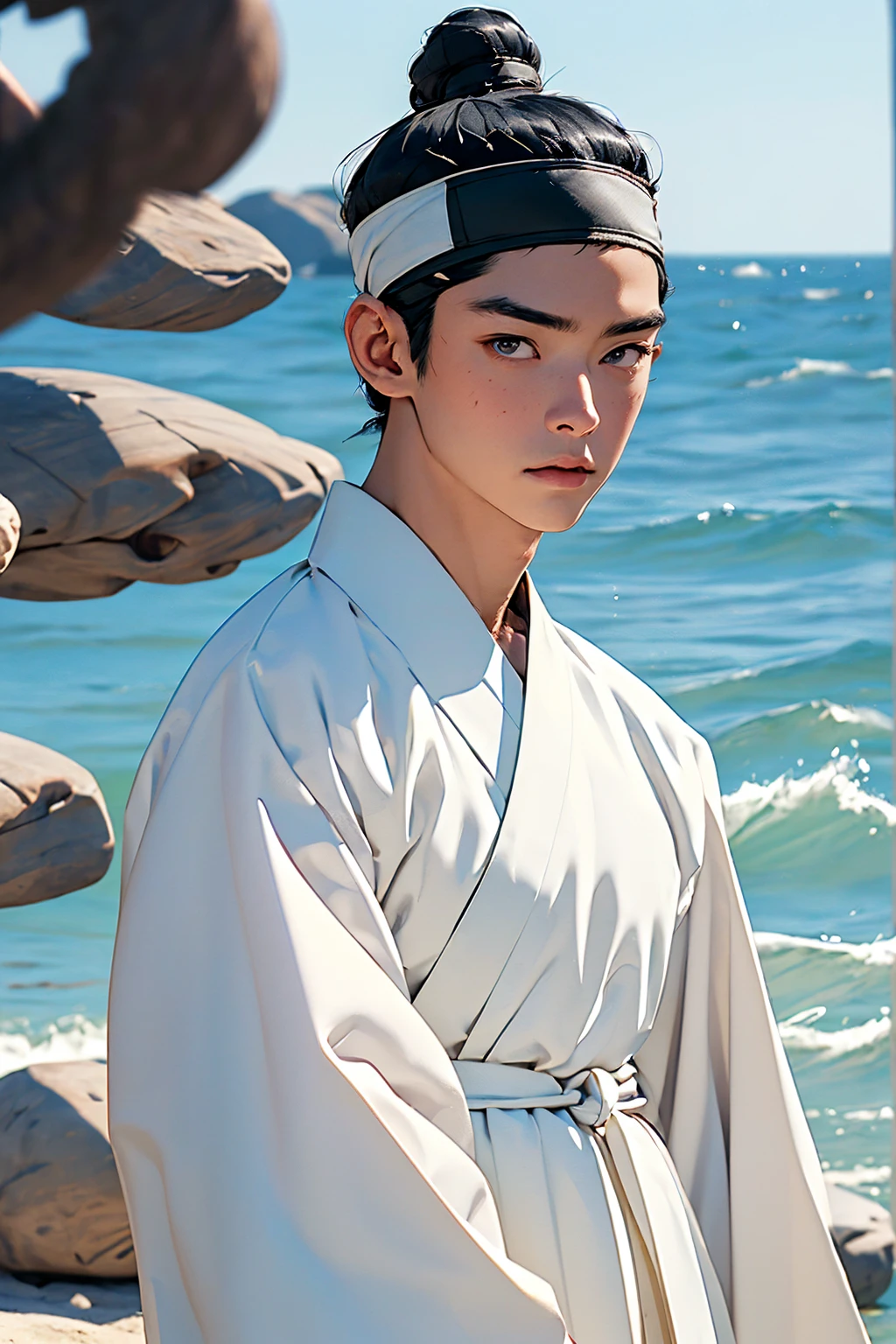 (absurdres, highres, masterpiece, best quality, ultra-realistic,ultra-detailed,(beautiful detailed face and eyes and hair:1.1),handsome,asian man,muscular,black hair,black eyes,datailed face,topknot,see-through headband,white hanbok,little sad,upper body, sea background