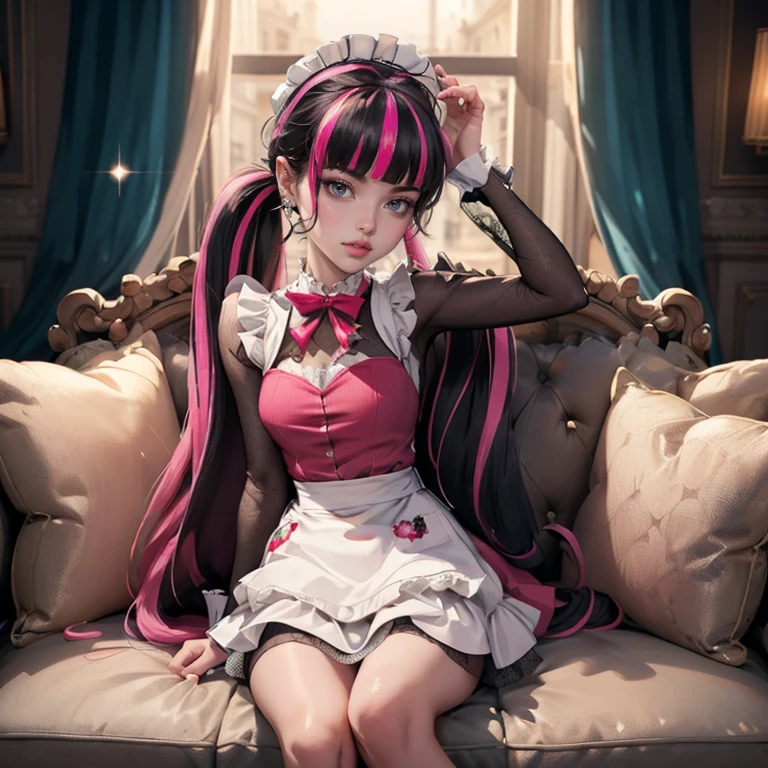 1 girl, a girl with bat wings, holding a pastry brush, succubus, bakery, a cake on focus, cake with strawberrys and red roses, bat choker, necklace, centered, bat jewelry, medieval castle scenery, Pink bat Jewelry, smile, vampire fangs, (looking at viewer), Draculaura_MH, wavy hair, Alone, half black hair, half pink hair, multicolored hair, long hair, braided hair, gothic scenery, medieval style, maid dress, white apron, maid apron, maid headdress, white skirt, pink knee boots, smiling, in kitchen, kitchen, black lanterns, stand up close to window, depth of field, film composition, ((high quality)), ((artwork)), (More details), maid dress, black maid headdress, black maid apron, bat wings, white dress, black dress with transparency, pink laces, pink gloves, black high socks , boots of high hills, bat jewel, jewel, sit on the grass, dark red roses in focus, Draculaura_(school of monsters), school of monsters, Looking at the viewer, More details on the clothes,