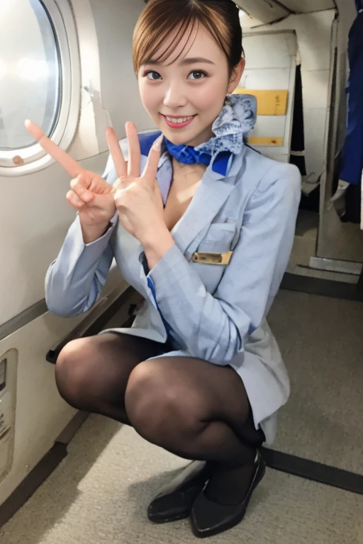 Best Quality、、 ultra high resolution、masterpiece、Clear photo、Professional Lighting、smile、 very cute girl 、 very cute Yoda snow 、  very delicate and beautiful  、( big erect nipples 、  cleavage visible  )、Ultra slim、Slender body、 thin waist、 beautiful legs with tails、( Stewardess、 wearing uniform )、(Squat:1.6)、 belly shortcuts to let the coach touch your body、Brown Hair、Full body images、Expose the clutch 、 the crotch is slightly visible、( beautiful fingers、 beautiful fingers先、Beautiful fingers、 peace sign、 double piece、 anatomically correct、Accurate hand drawing:1.2)、Precise finger structure、Correct Hand Structure