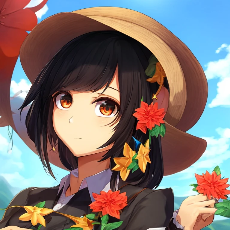 absurdes,  highres icon,  ultra detailed ,  1 girl, Alone,  extremely detailed eyes, starfish, seaSleeve , Sleeve , Blume, hat, hair accessories, Schmuck, straw hat,  looks at the viewer ,  sunglasses ,  has flower , Trinkhalm, Hair clip, earRings, red Blume,  tinted glasses , yellow Blume, bangs, German text ,  multicolor hair ,  orange flower ,  black hair, Ring, , langes Haar, orange- tinted glasses , eat,  BROWN HAIR, portrait, Sleeve  hair accessories