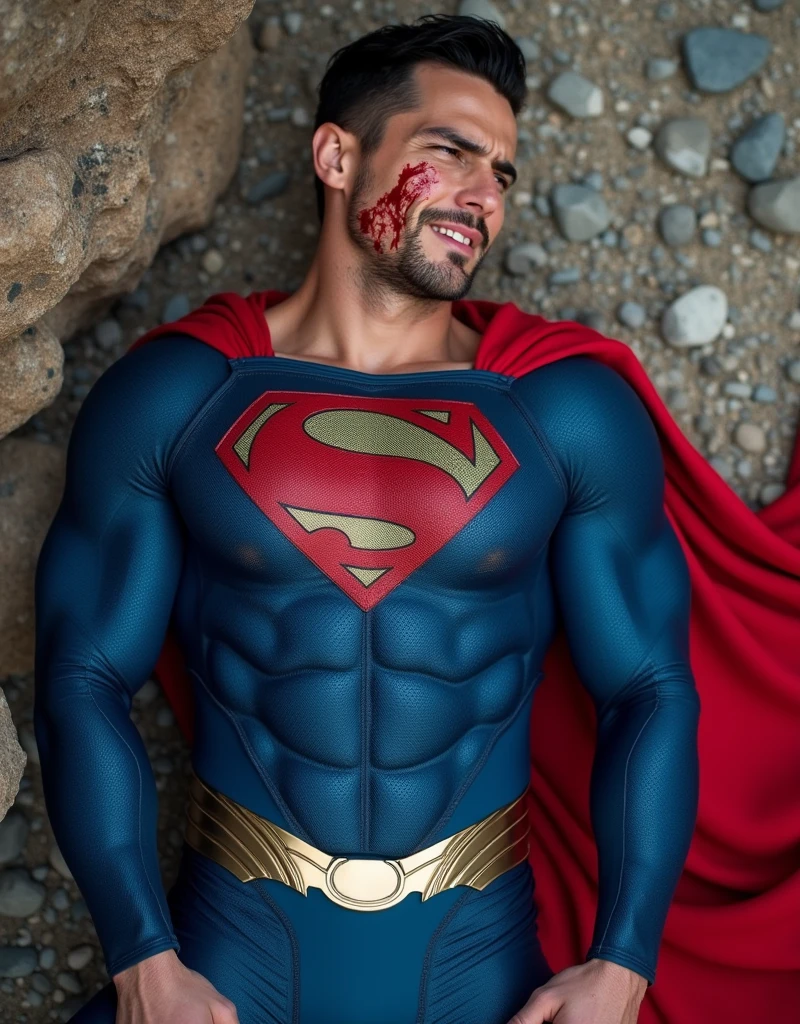 muscular attractive Nicholas Alexander Chavez with an undercut haircut combed back, short beard, wearing blue, form-fitting Superman suit with gold accents in the waistband, his chest displays the iconic "S" symbol. Superman's traditional red cape is present, attached to the shoulder and flowing behind him, lies on a rocky floor leaning against a rock, sore, with his mouth slightly open, he appears weak and in pain. Expression of pain. blood on his face and abs
