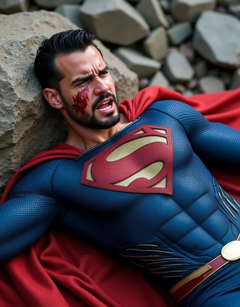 muscular attractive Nicholas Alexander Chavez with an undercut haircut combed back, short beard, wearing blue, form-fitting Superman suit with gold accents in the waistband, his chest displays the iconic "S" symbol. Superman's traditional red cape is present, attached to the shoulder and flowing behind him, lies on a rocky floor leaning against a rock, sore, with his mouth slightly open, he appears weak and in pain. Expression of pain. blood on his face and abs
