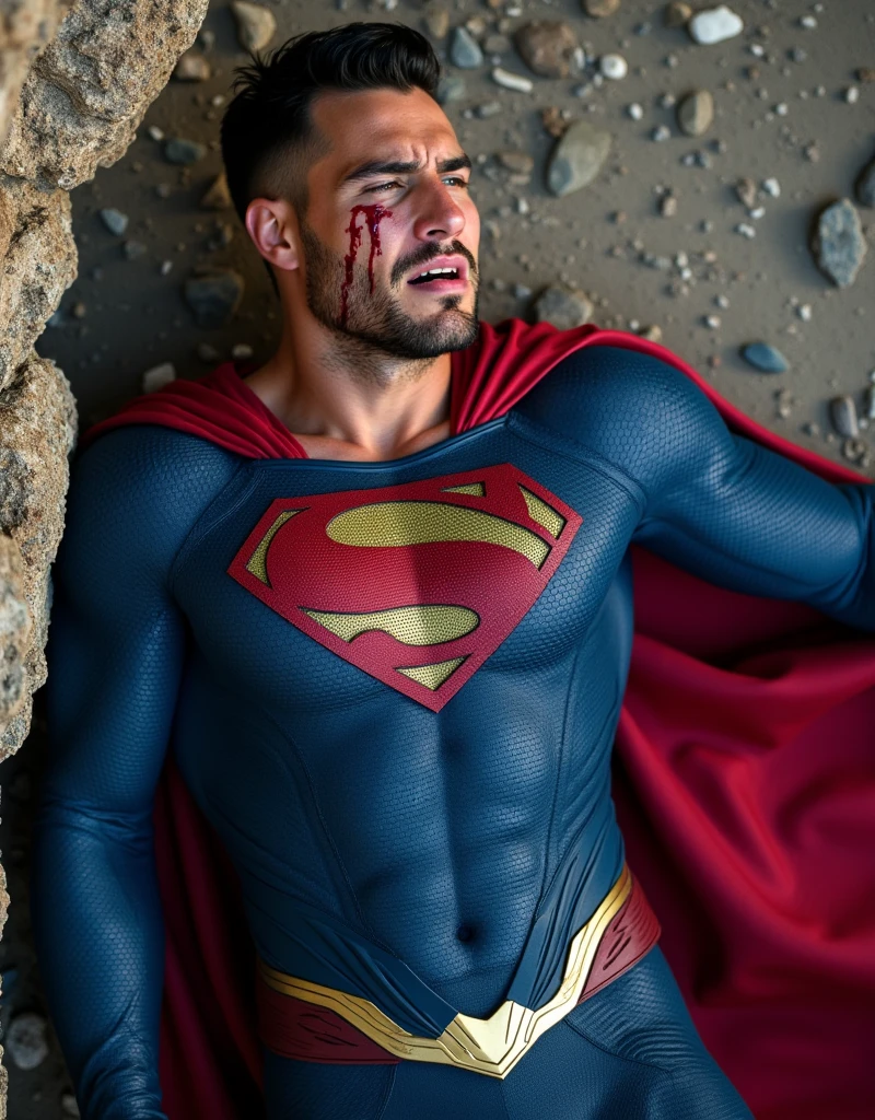 muscular attractive Nicholas Alexander Chavez with an undercut haircut combed back, short beard, wearing blue, form-fitting Superman suit with gold accents in the waistband, his chest displays the iconic "S" symbol. Superman's traditional red cape is present, attached to the shoulder and flowing behind him, lies on a rocky floor leaning against a rock, sore, with his mouth slightly open, he appears weak and in pain. Expression of pain. blood on his face and abs
