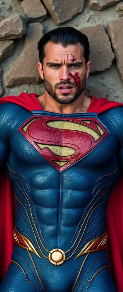 muscular attractive Nicholas Alexander Chavez with an undercut haircut combed back, short beard, wearing blue, form-fitting Superman suit with gold accents in the waistband, his chest displays the iconic "S" symbol. Superman's traditional red cape is present, attached to the shoulder and flowing behind him, lies on a rocky floor leaning against a rock, sore, with his mouth slightly open, he appears weak and in pain. Expression of pain. blood on his face and wound in the abdomen
