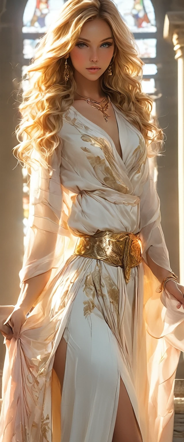 Young goddess, (Her clothes are all flipping up by extremely strong wind:1.4), (wearing robe, tiara, necklace, (blonde | auburn) hair, blue eyes), (background random great nature), (laughing, big smiling), ((dramatic lighting:1.4), surrealism, god rays), ((masterpiece, 8K highest resolution)), wide view, { (seen from back:0.6), (reveal pelvis:0.6) }
