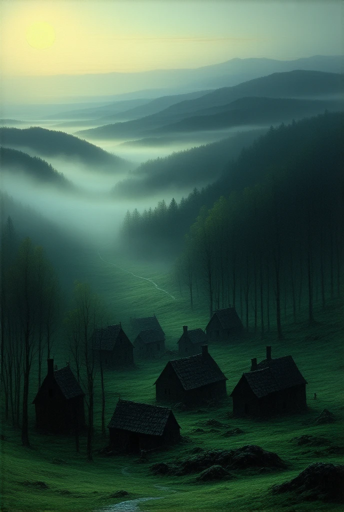 realistic Dark oil painting of a medieval village at sunrise, mossy, thin fog, There is fog, shadowing, thin fogerious, mito, Dark, The light passed through the trees, surrounding, depth of fields, Volumetriclighting, 灯光 , moodiness, heavy Darkness, Black sky, low angle perspective, author:Eyvind Earle