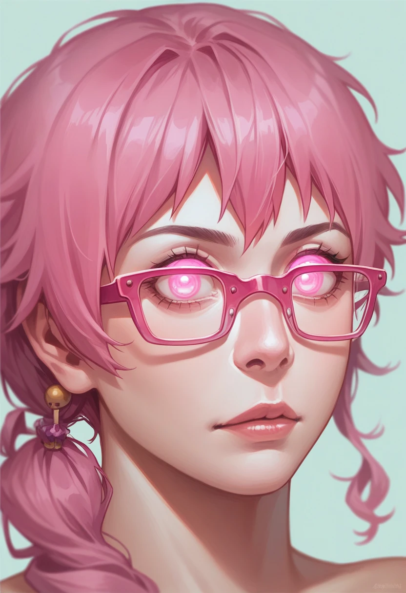 Close-up of a woman with Pink hair wearing glasses, artwork in Guvez style, Guvez, kawaii realistic portrait, Inspired by Makoto-kun, glowing Pink face, Pink girl, a beautiful anime portrait, Pink glasses, glowing Pink eyes, Realistic anime 3D style, Yanjuncheng, Realistic anime art style , ((Pink)8 thousand