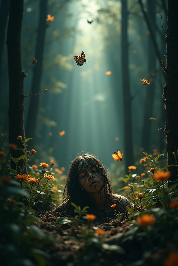 Trisomy， dark 森,  dark ,  dark ,  in the dense forest , A beam of light, Broken ,  Lie down:1.3,   Only the light illuminates , A beam of light, Rusty,  the surrounding flowers bloom  :1.3,  is surrounded by flowers  ,   butterflies fly over it , Birdie,, Watch,  Fantasy atmosphere , ((( Ultra HD, masterpiece,  height detail ,  Best Quality ,  HD Symbol ,  high quality ,  height detail ,  super detailed)))