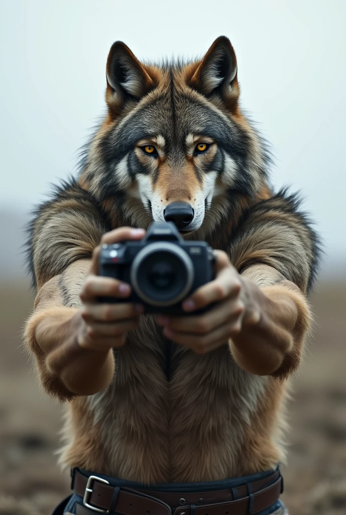 man in wolf mask wearing Adidas sportswear taking photos with Nikon camera of naked 23 year old woman with huge breasts and big buttocks in white photo studio, Brown hair, Long hair, disheveled hair, curly hair, Brown eyes, slight smile, large eyes, full lips, Scarface painting in the background 