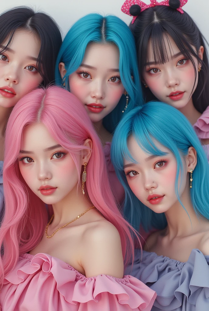 schoolgirl, beautiful detailed eyes, colorful, vivid colors, ((7girls: 1.5)), absurdity, top quality, striped hair, schoolgirl, latest fashion, (graffiti: 1.25), paint splatter, iridescent hair, paint on body
