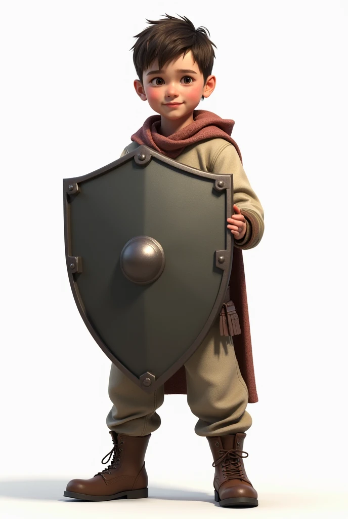 15 years old boy, black hair, brown eyes outfit jeans t-shirt a little torn and dirty, has a long sword in one hand golden shield
