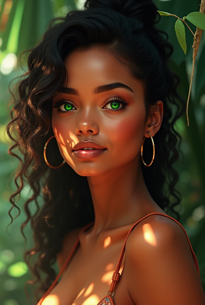 A young plant girl with an African skin tone, a serious glare, flytrap like ponytails, leaf green hair deep green Eyes, nice cleavage, lithe, fit, tribal attire