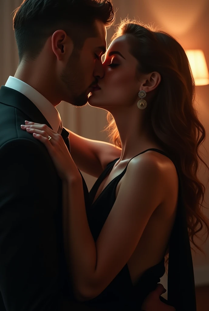 man and woman hugging each other kissing sweaty with an expression of pleasure on a bed in formal clothes looking at each other, portrait style, dark environment (best quality,4K,8K,high resolution,Artwork:1.2),ultra-detailed ,(realistic,photorealistic,photo-realistic:1.37),detailed eyes,detailed lips,extremely detailed face, intense expression,chiaroscuro lighting,moody atmosphere,dramatic shadows,rich colors,cinematic,portrait