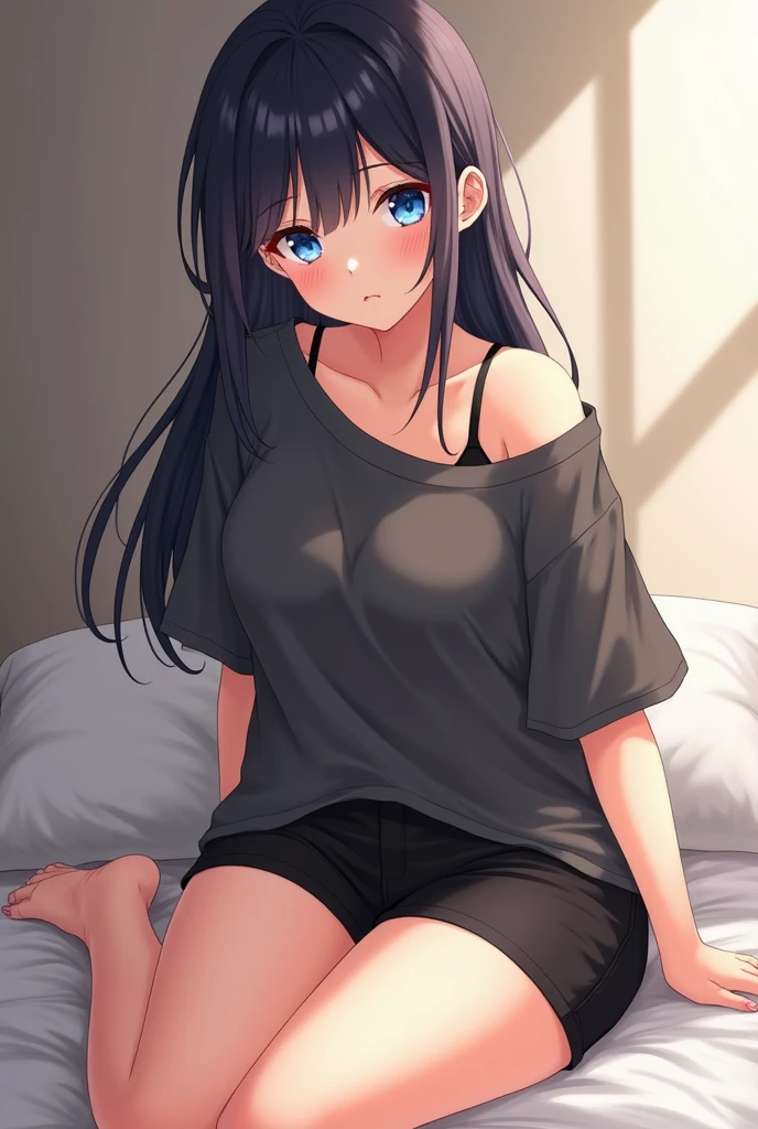 A tired girl is sleeping, black hair, wearing grey t-shirt and greyish blue short jeans, full view, sexy