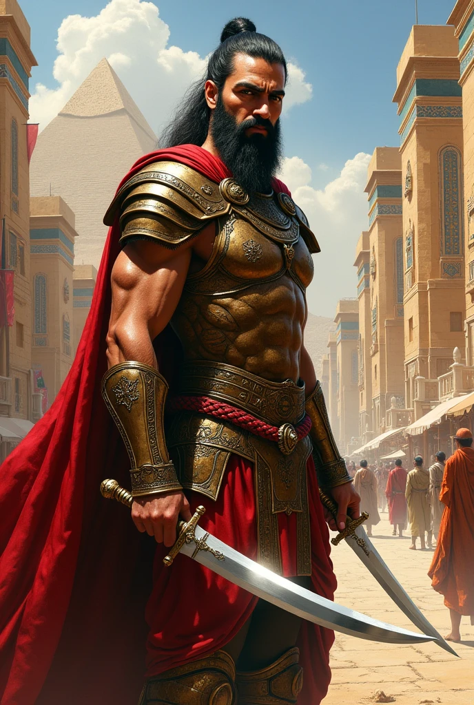 1 Rei, homem em armadura pesada ornamentada, Golden crown on head, barba preta, capa vermelha, Hands on hips, noite, rosto realista, melhor qualidade, 8k, 4k, ultrarealista