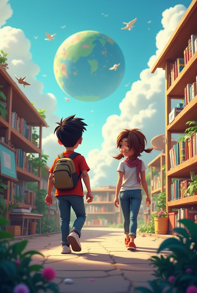 Image of two children between 12 and 13 years old (((running away))), Exploradores de um reino em queda (best quality:1.4), arte promocional, arte chave, medium shot of two characters, imagem promocional, Arte Oficial, imagem promocional do filme, official rendering, Tower in the sky, official illustration, promotional render, Arte Promocional, Capa de um livro de aventuras