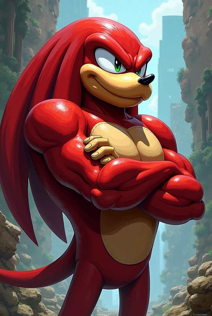 (masterpiece, 4K, ultra detailed), knuckles the echidna, single, masculine, outside, meadow, athletic, cartoony, cartoon, purple eyes, shocked, flex, smooth lining, naked, penis, anime