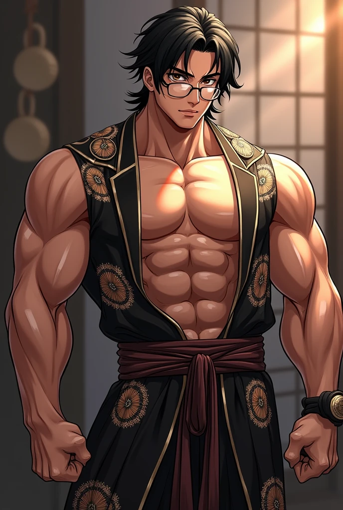 man wearing glasses,loincloth,Japanese style,torn clothes,fearless smile,soft lighting, high quality, film grain, Fujifilm XT3, (high definition skin:1.2),muscular,tanned and developed body