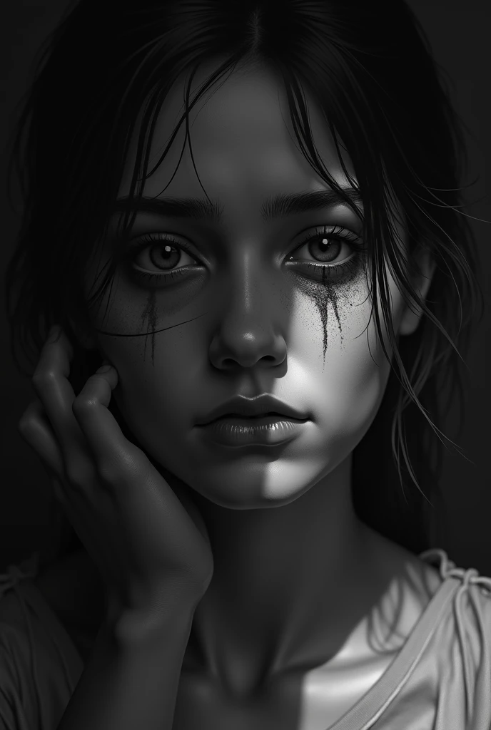 uma foto em preto e branco de uma menina com um olhar triste, Ellie (last of us), Ellie, the Last of Us, olhos azuis e arredondados, arte digital de videogame, Art not Guweiz style, Luscious ) In The Last of Us, Wojtek FUS, arte do retrato do personagem, last of us, retrato da arte do personagem, Iconic character of high detail, Pintura Digital HD
